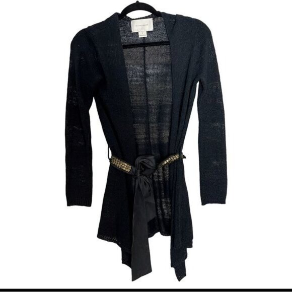 BROCHU WALKER Black 100% Linen Cardigan Metal Sequin Embellished Belt Size P